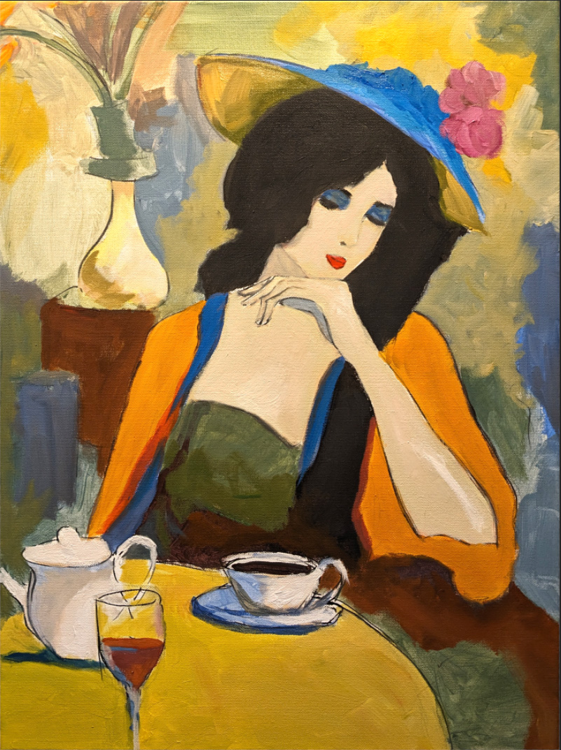 Painting of woman at French Cafe